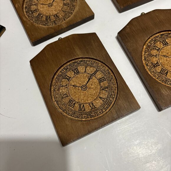 Vintage Wooden Clock Cork Coaster Set Holder 6 Piece Brown Wood Cup 5" - Picture 15 of 16